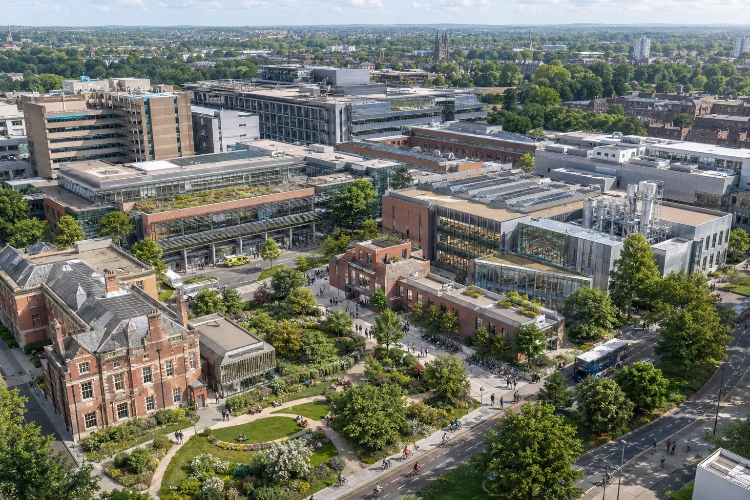 Illustrative aerial view of the UKIZ Life Sciences and Health Innovation digital campus, showing biomedical laboratories, clinical and hospital buildings and a public garden in a university city.