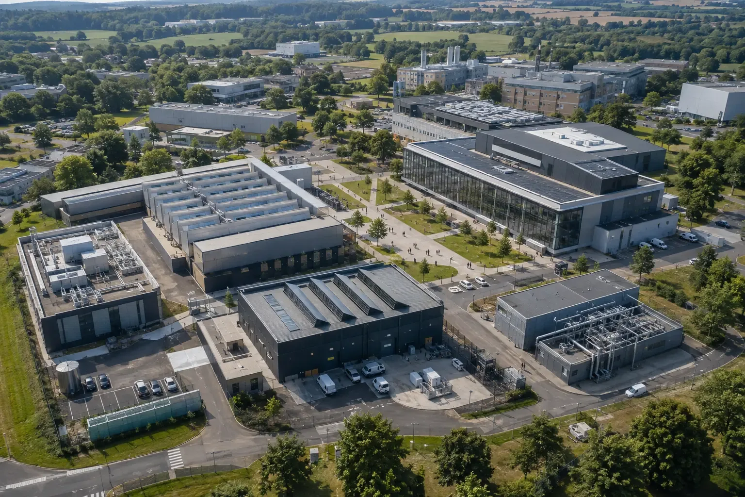 Illustrative aerial view of the UKIZ Quantum Technologies digital campus, showing precision laboratories, secure low-vibration buildings and computing facilities on a science campus in open Oxfordshire countryside.