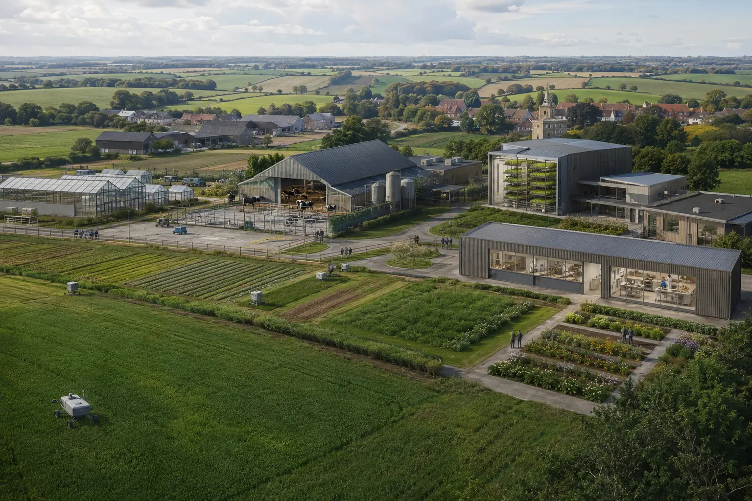 Illustrative aerial view of the UKIZ Agritech and Future Food digital campus, showing agricultural robotics, glasshouses, livestock technology and food-production facilities on working farmland.