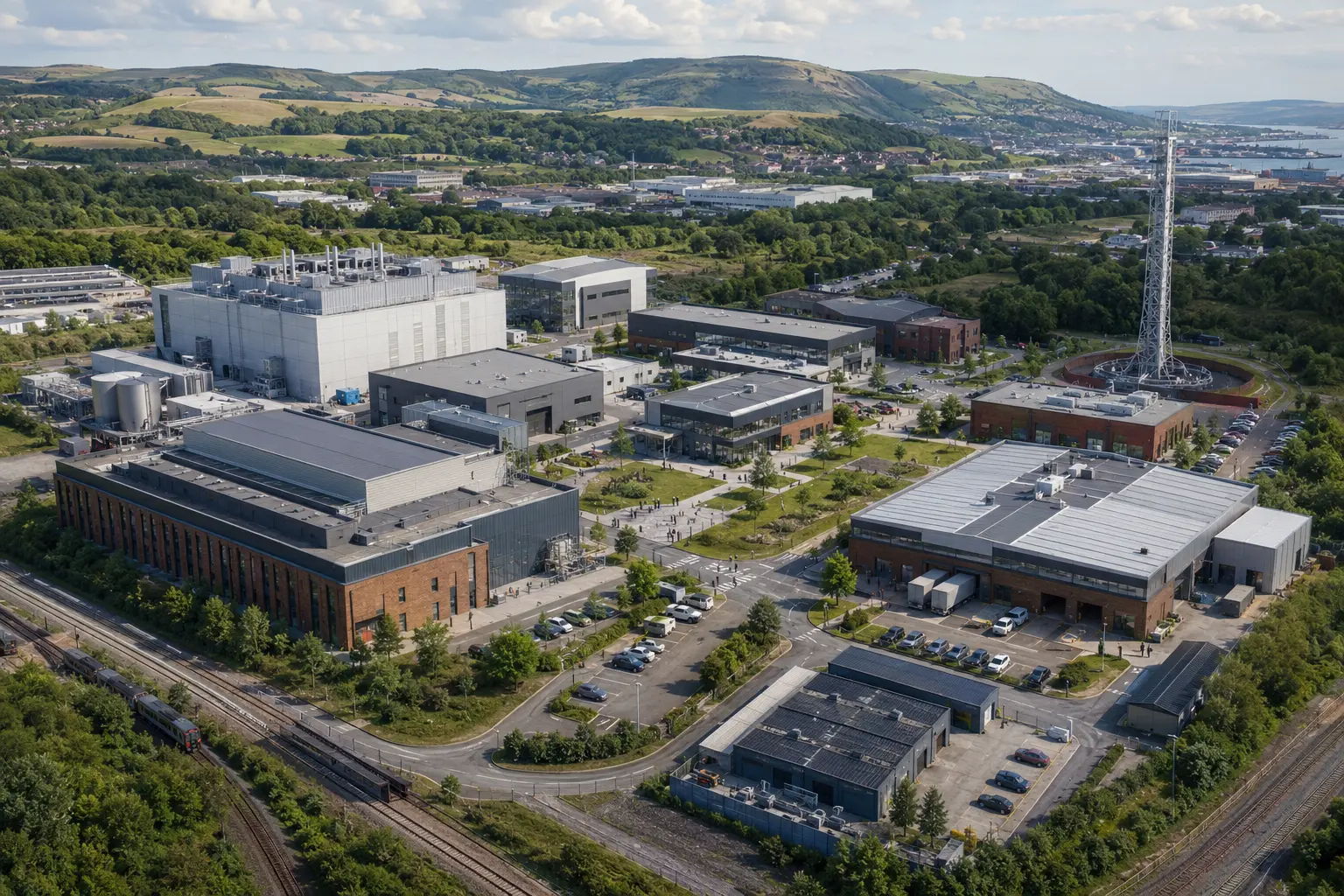 Illustrative aerial view of the UKIZ Semiconductors, Photonics and Advanced Connectivity digital campus, showing semiconductor fabrication and test buildings, a communications tower and rail connections below hills.