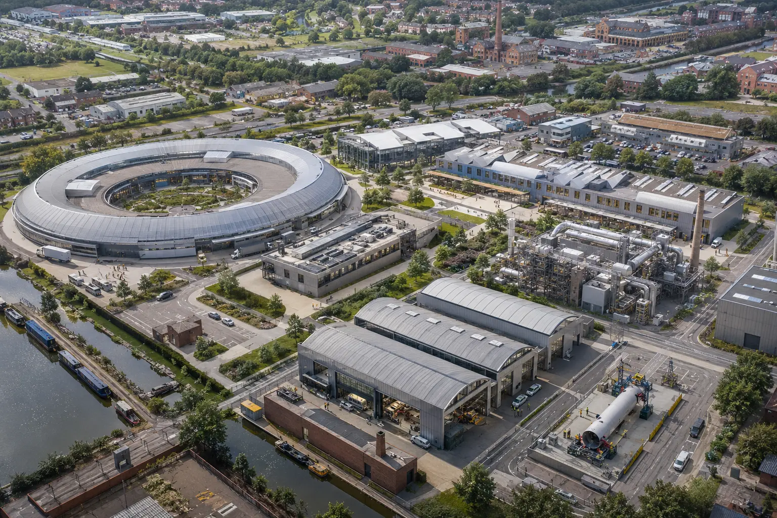 Illustrative aerial view of the UKIZ Advanced Materials digital campus, showing a circular research facility, composites and metallurgy halls and outdoor testing yards beside a canal.