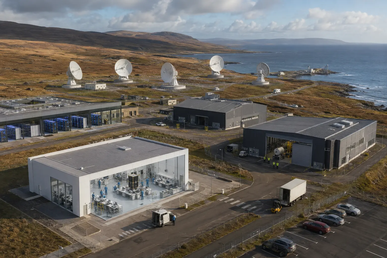 Illustrative aerial view of the UKIZ Space and Satellite Technologies digital campus, showing a satellite integration cleanroom, a ground-station antenna field and a data centre on a northern coast.