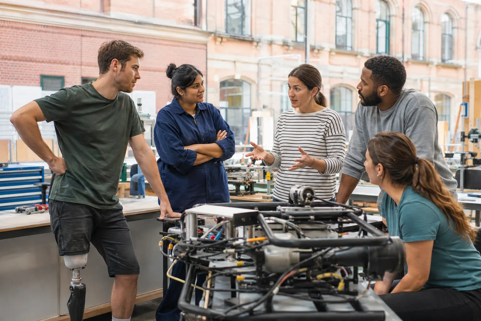 People at different career stages discussing an engineering prototype during an innovation open day.