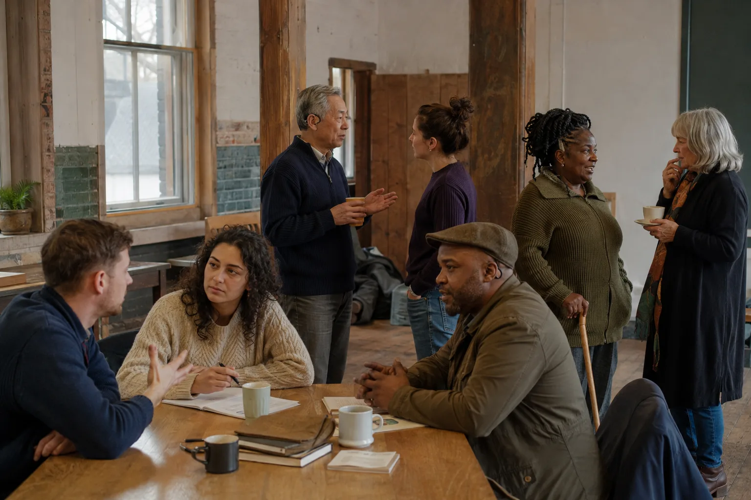 People of different ages and backgrounds exchanging ideas at an informal innovation community gathering.