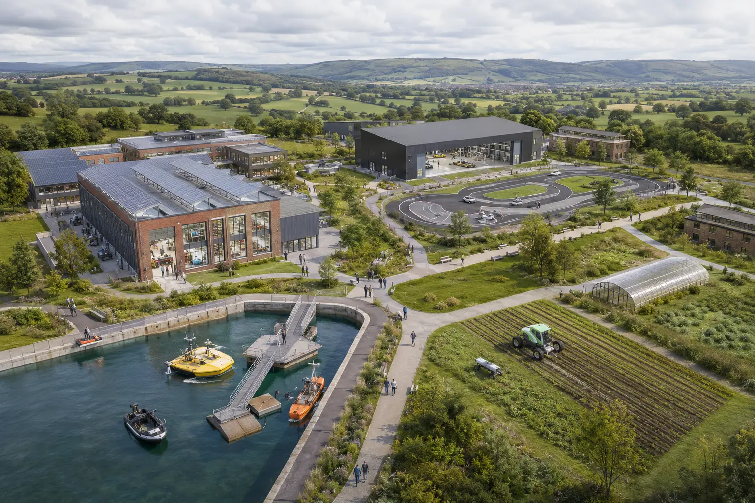 Illustrative aerial view of the UKIZ Robotics and Autonomous Systems digital campus, showing an autonomous vehicle test circuit, a marine testing basin and agricultural robots in the field.