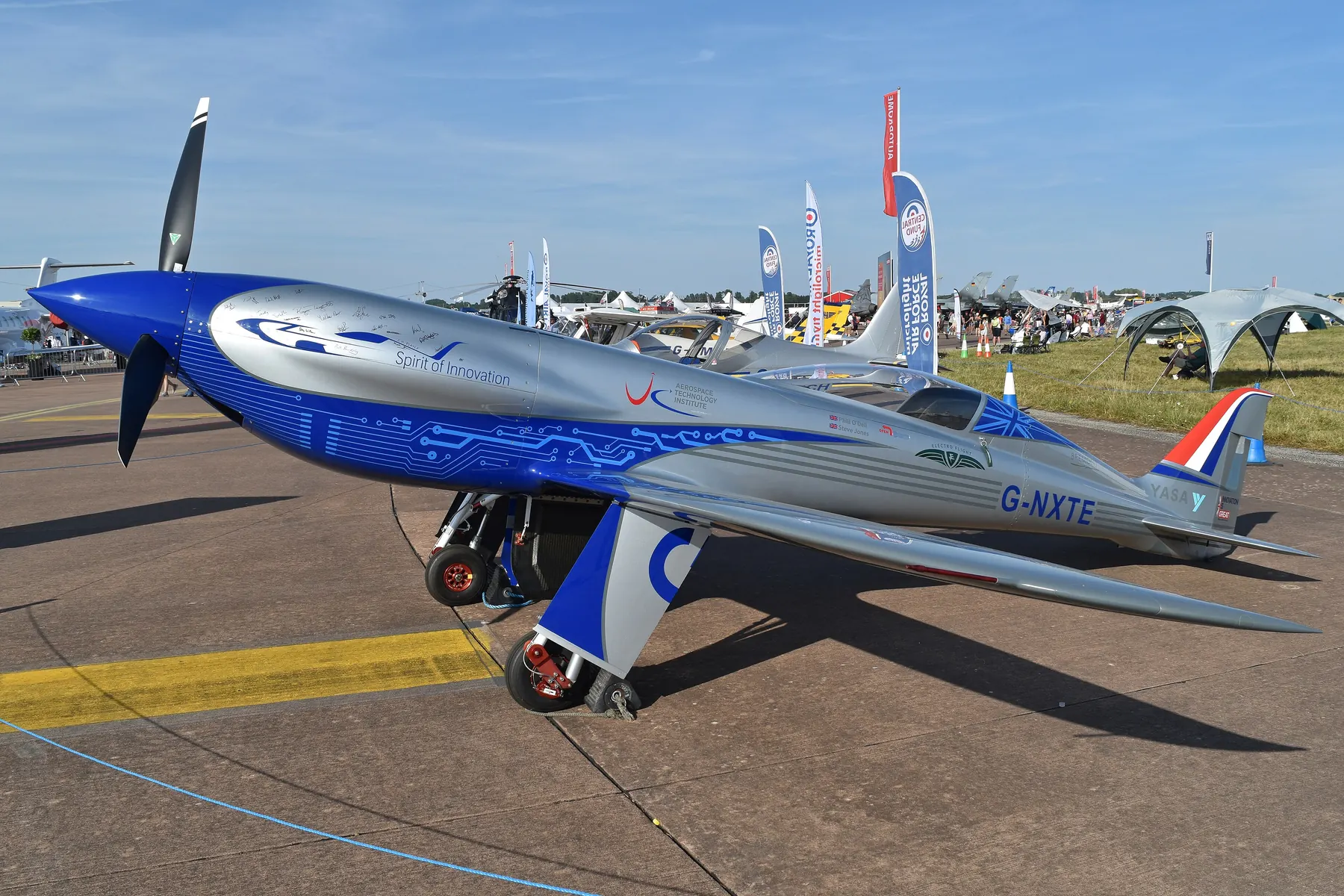 The Rolls-Royce Spirit of Innovation all-electric aircraft on the ground, propeller forward