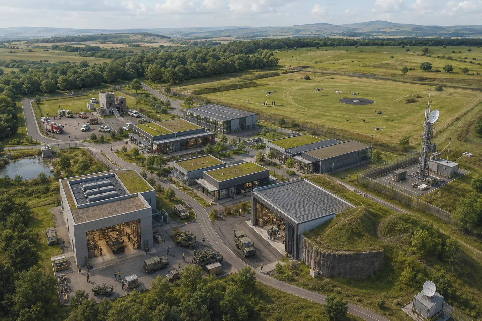 Illustrative aerial view of the UKIZ Defence, Security and Dual-Use Technology digital campus, showing secure workshops, vehicle integration halls, a drone-testing field and communications infrastructure.