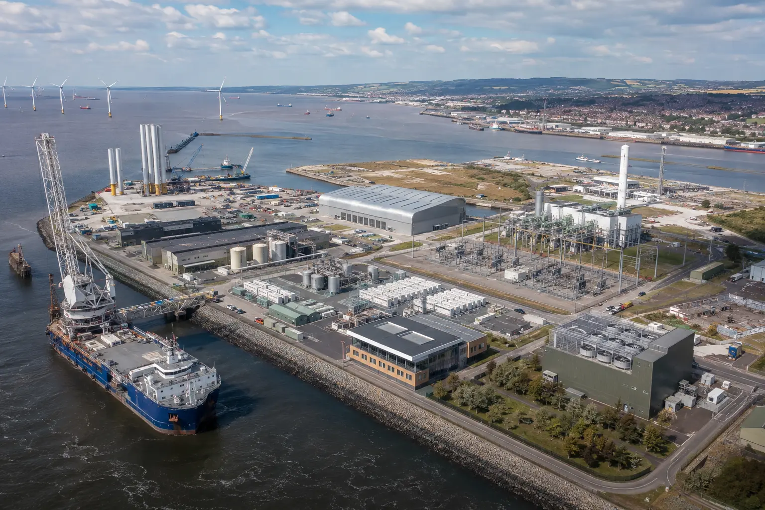 Illustrative aerial view of the UKIZ Clean Energy and Industrial Decarbonisation digital campus, showing offshore wind operations at a working port, grid infrastructure and battery storage systems.