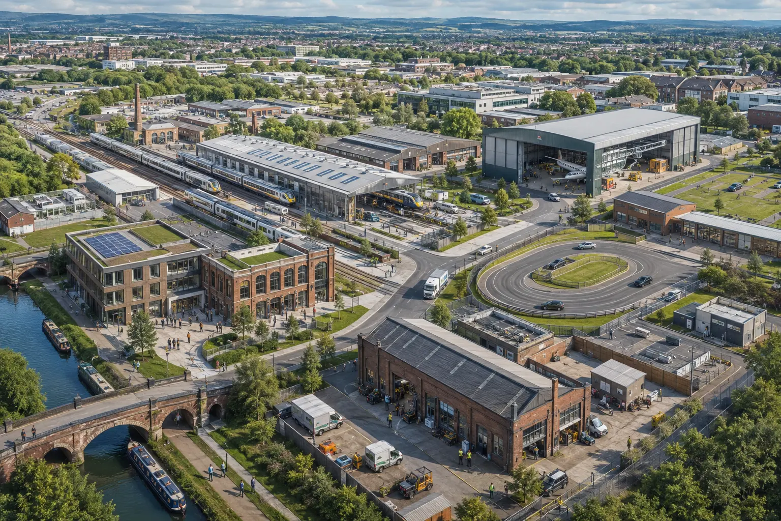 Illustrative aerial view of the UKIZ Advanced Manufacturing and Future Mobility digital campus, showing rail engineering sheds, an aircraft hangar and a vehicle test circuit beside a canal.
