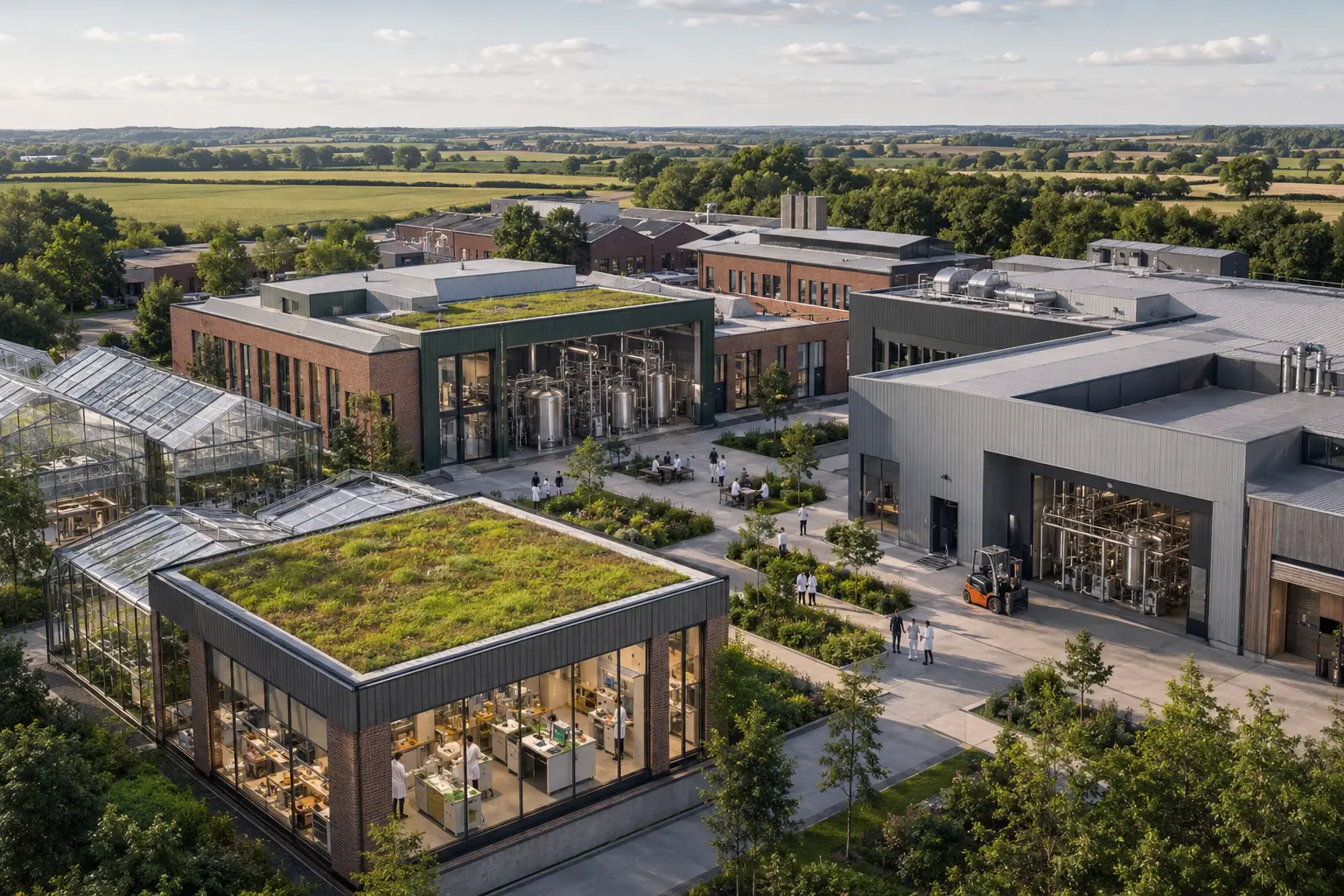 Illustrative aerial view of the UKIZ Engineering Biology and Biomanufacturing digital campus, showing glasshouses, biology laboratories and pilot-scale fermentation and biomanufacturing halls.