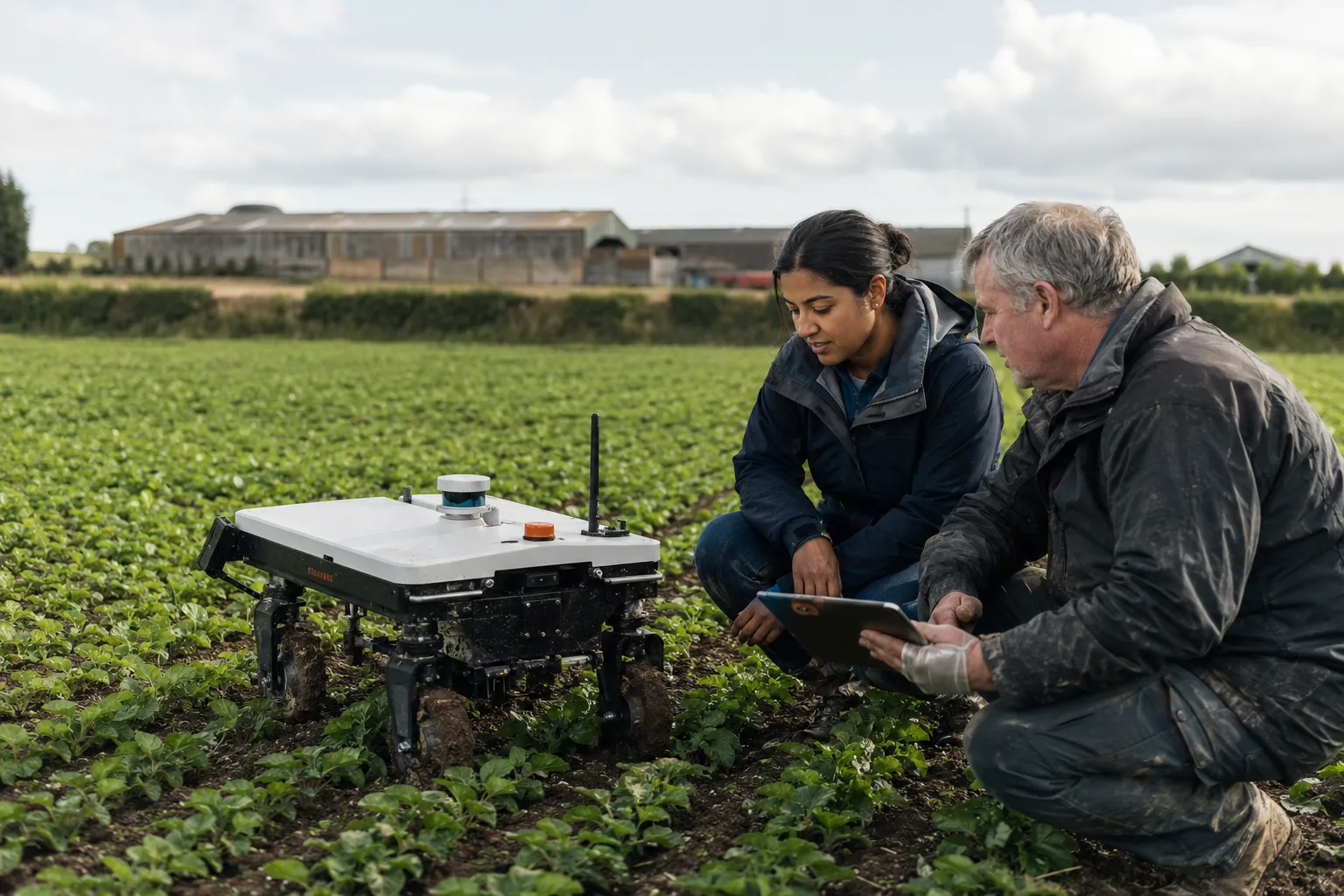 An agronomist and farmer inspecting a compact agricultural robot between crop rows.