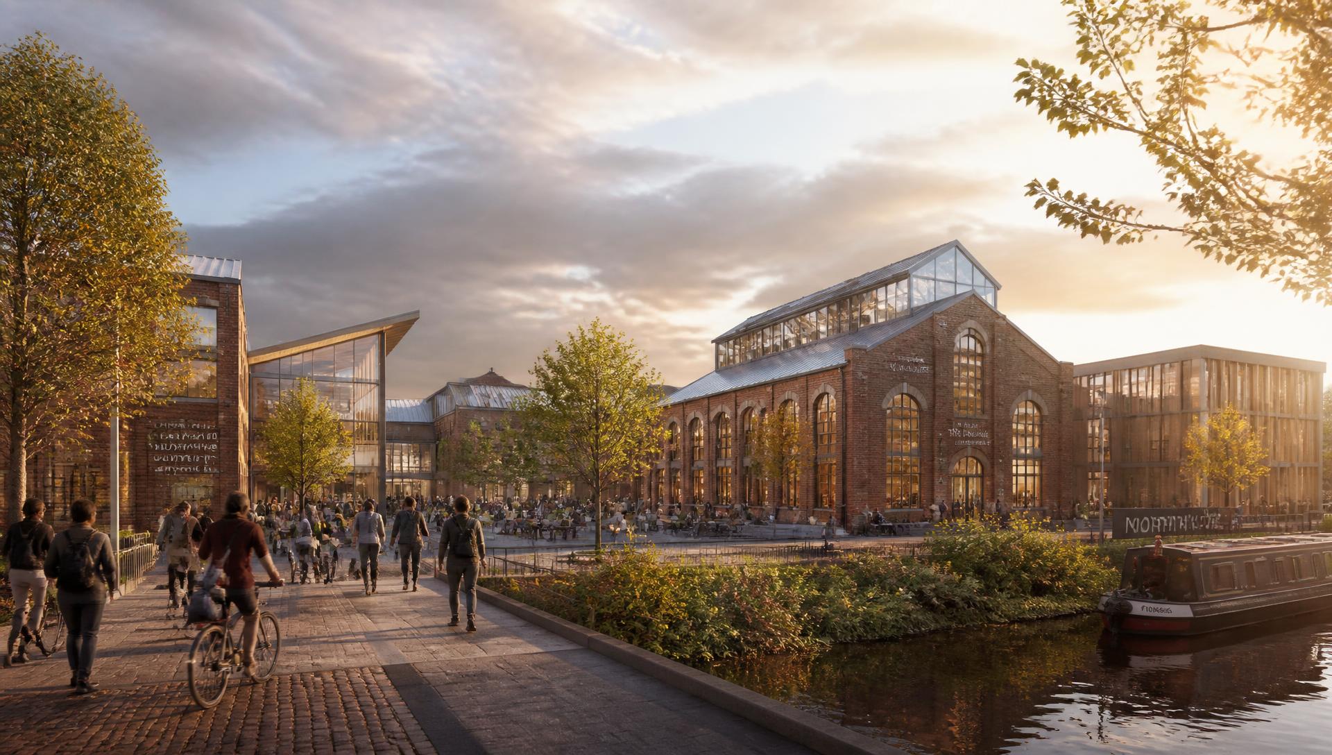 Concept vision of a future UK Innovation Zone: brick, timber and glass research buildings around a walkable public square beside water
