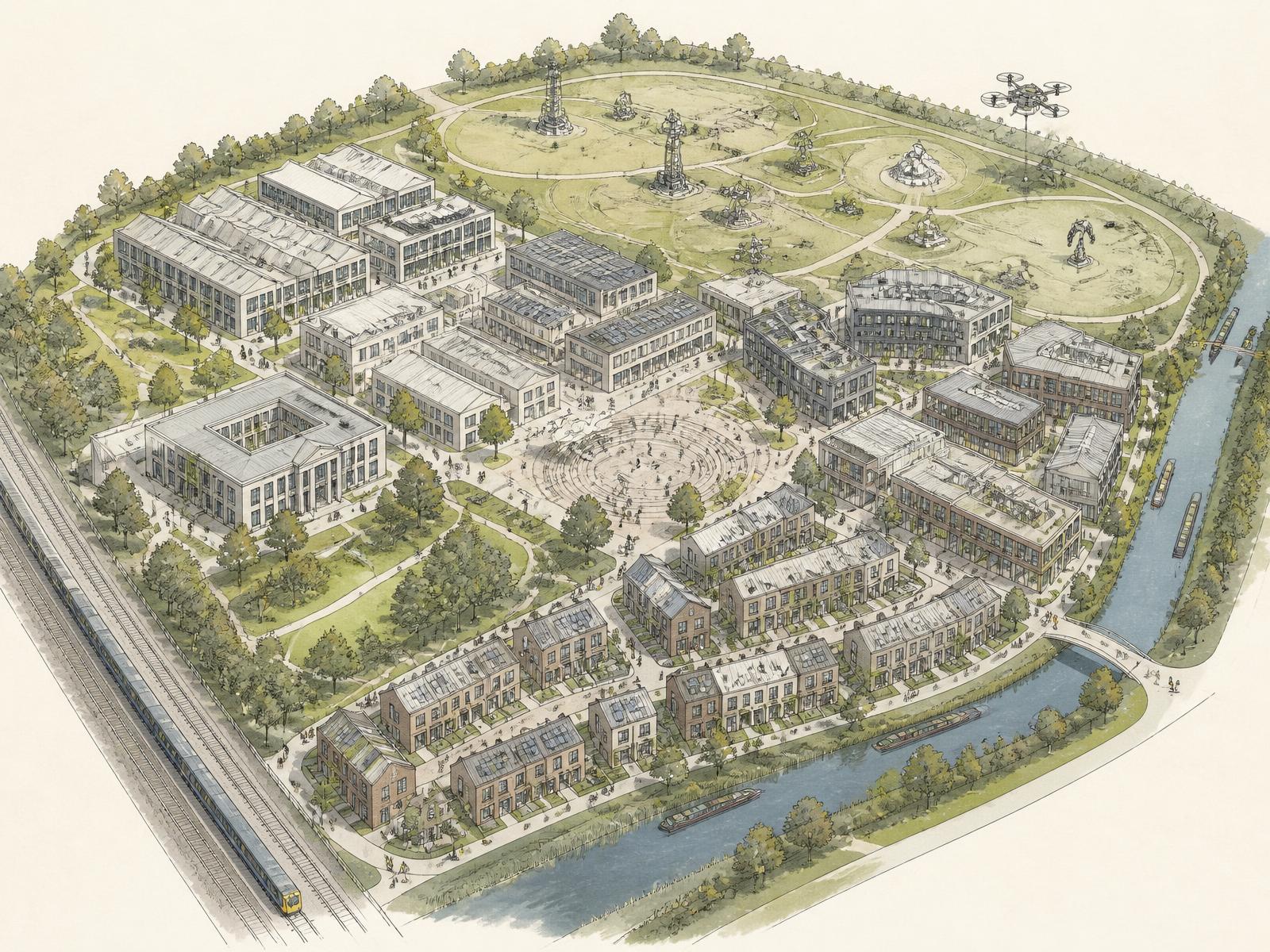 Illustrative concept masterplan for a future UK Robotics & Autonomous Systems Innovation Zone, showing research, making, learning, living and testing districts