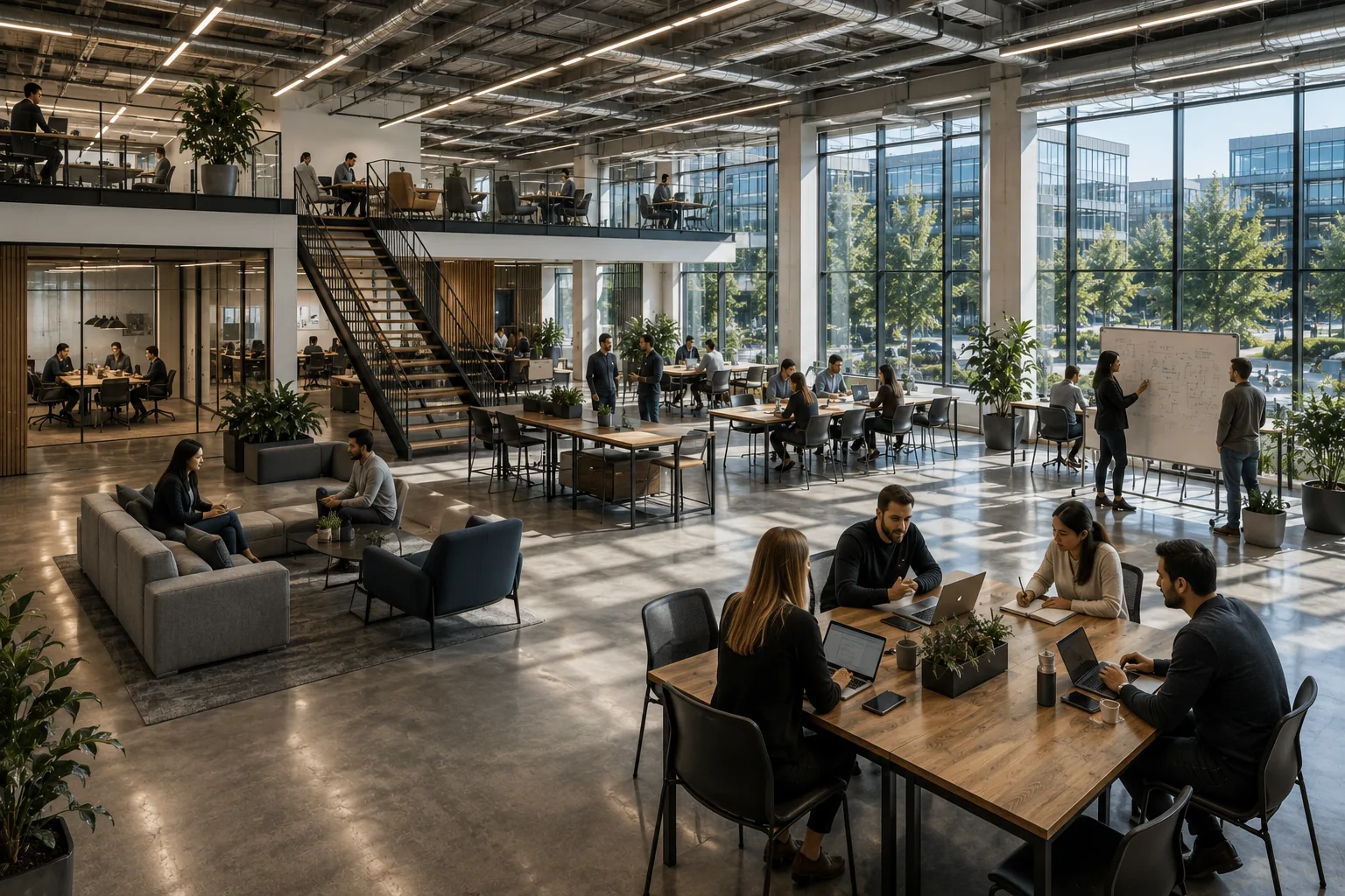 People working and talking in small groups across a bright shared workspace on a UK innovation campus, with some sketching ideas on a whiteboard and others gathered around tables and sofas.